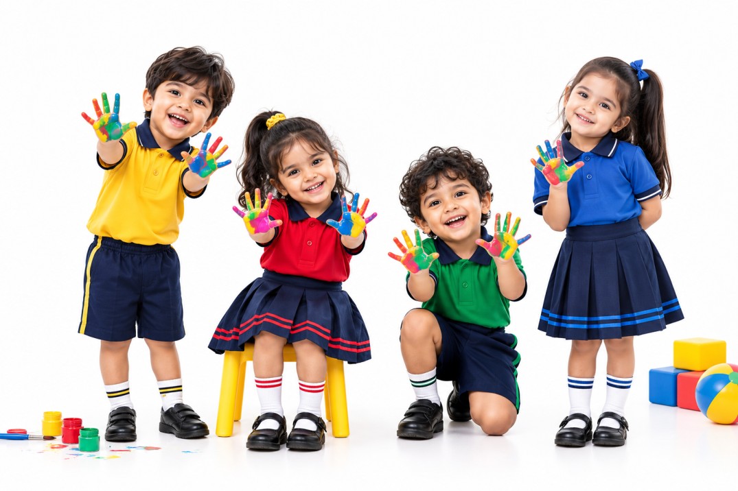 Young children enjoying colourful Nobilitee schoolwear